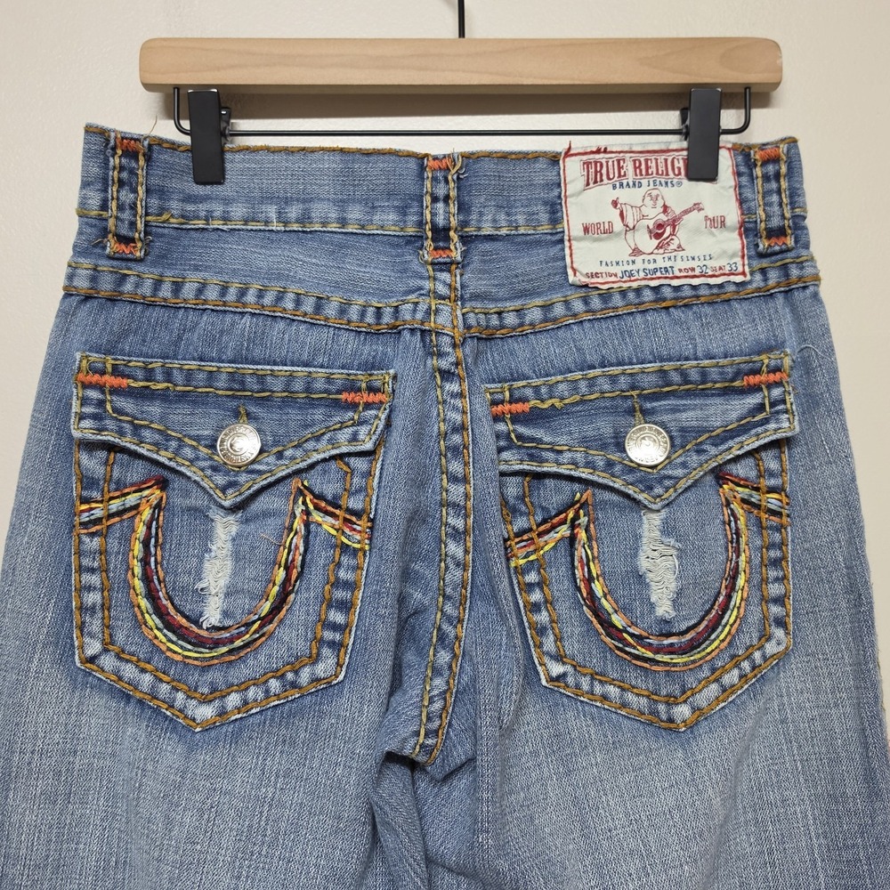 True Religion Joey Super T Jeans Mid Rise Y2K Rainbow Stitch Flap Pocket 32